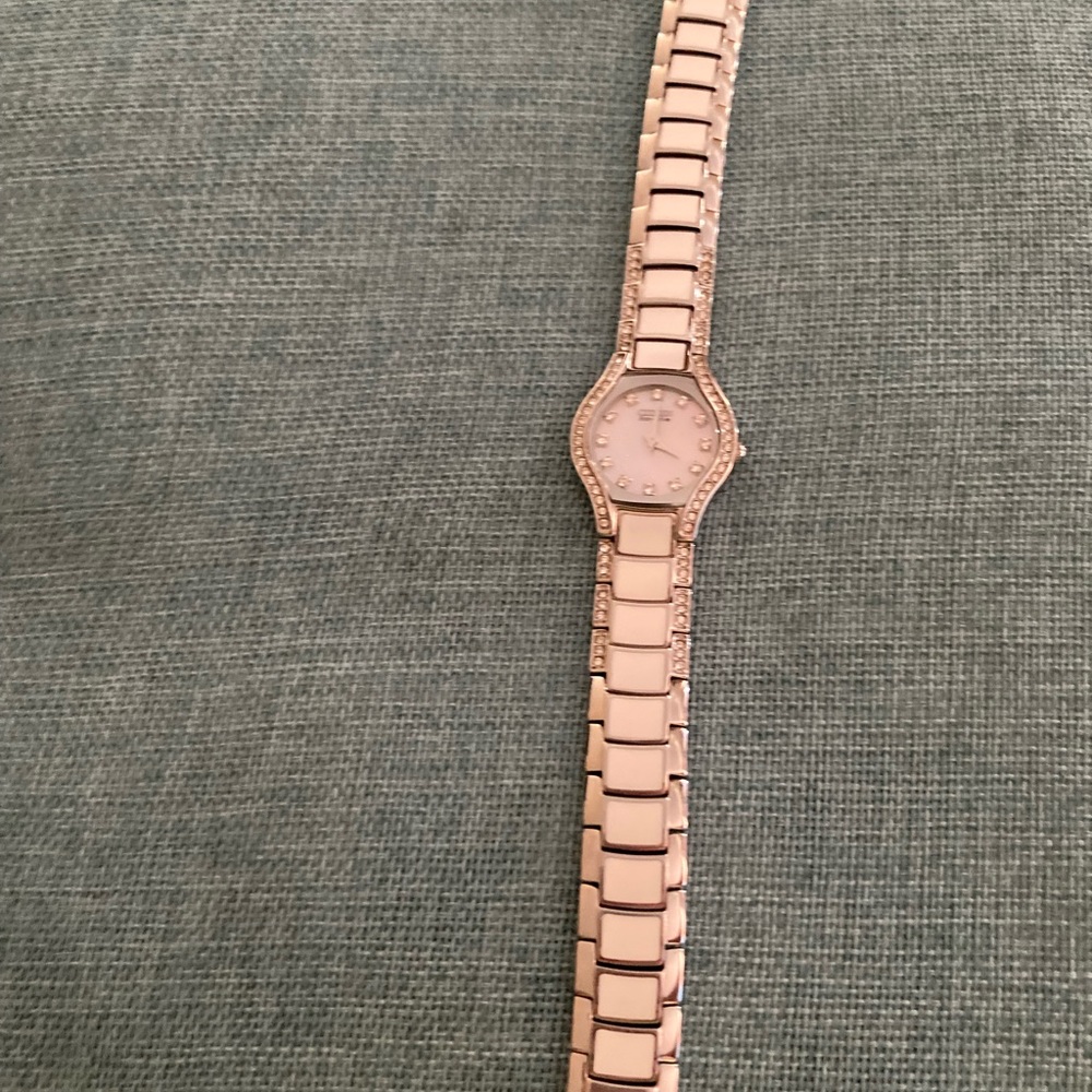 New Mother of Pearl Face, Swarovski Crystal Trim, White Ceramic/Stainless Band